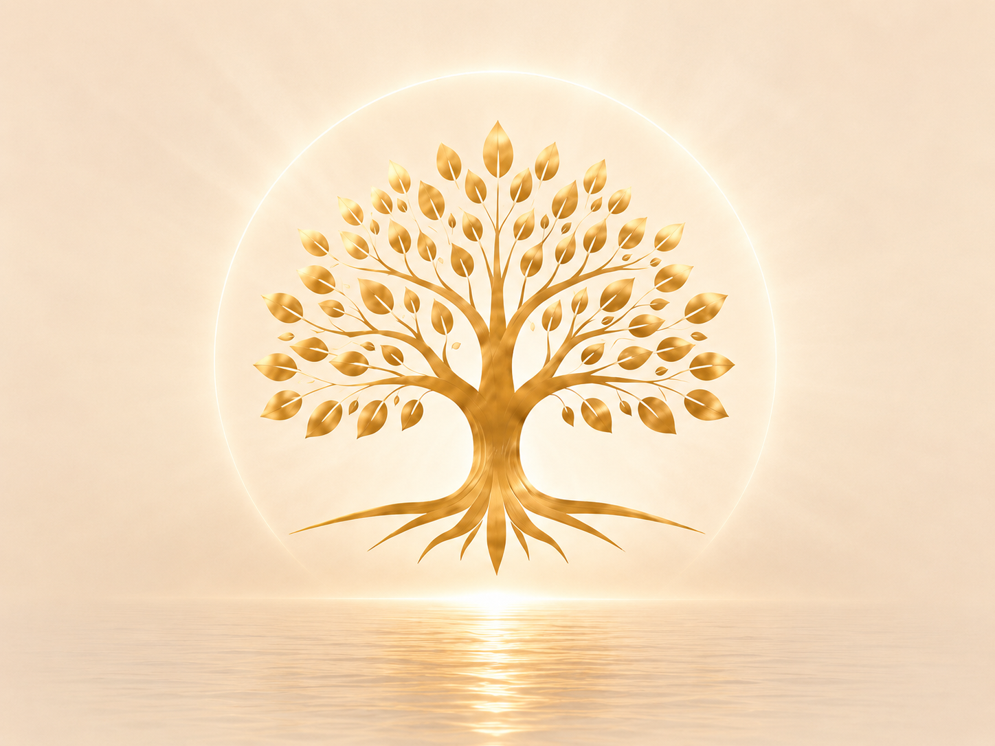 Glowing gold iHart tree with halo and water reflection